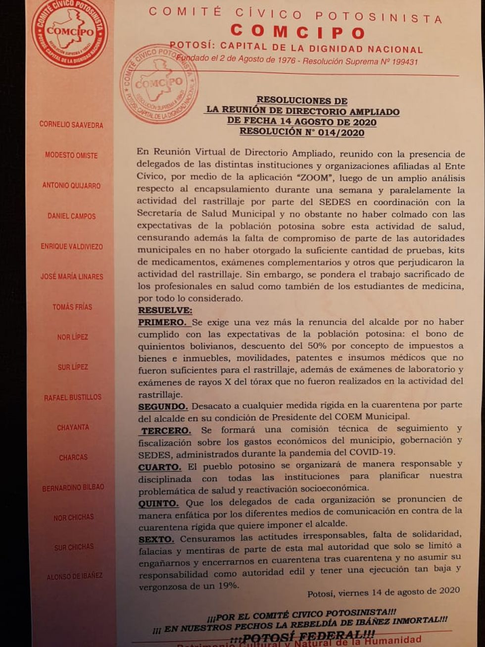 Comcipo pide la renuncia del alcalde de Potosí