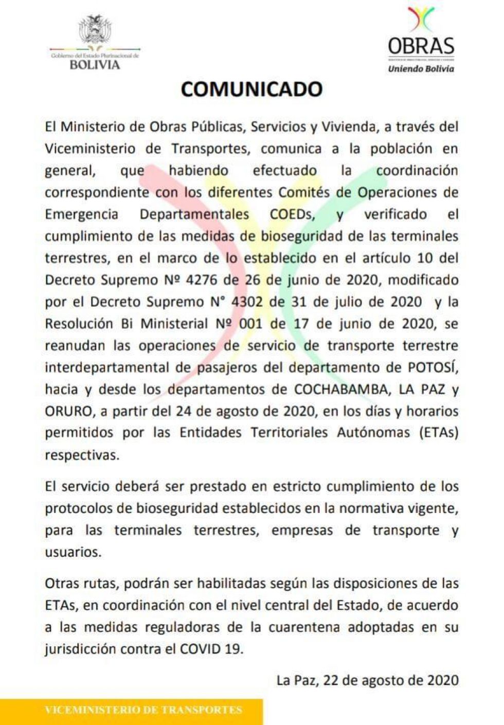 Los viajes desde Potosí hacia La Paz, Oruro y Cochabamba se reinician mañana