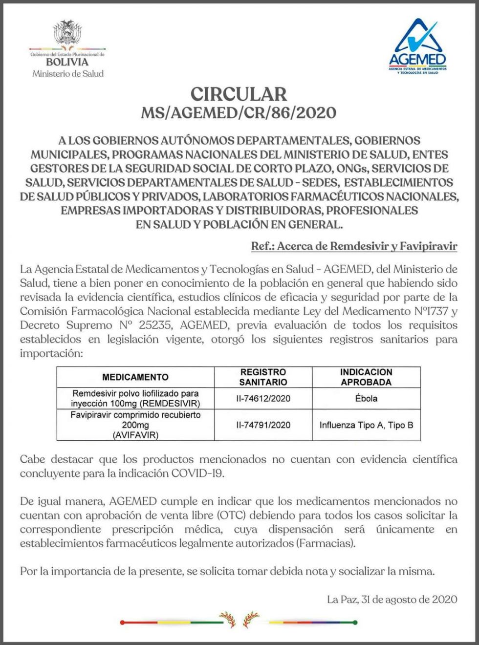 El Ministerio de Salud otorga registro sanitario para Avifavir y Remdesivir