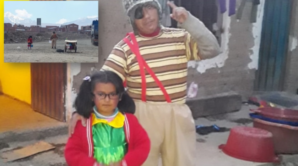 Por la crisis de la pandemia, buscan ganar unos centavos vestidos como "El Chavo" y la "Chilindrina" en El Alto