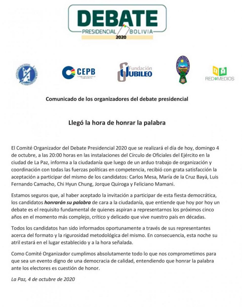 Organizadores del debate de hoy confían en la palabra empeñada de los seis candidatos