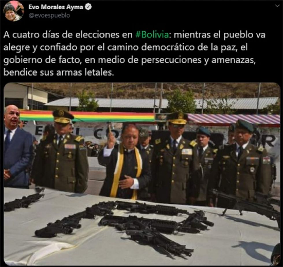 Evo Morales publicó imagen falsa de un sacerdote bendiciendo armas junto al ministro Murillo