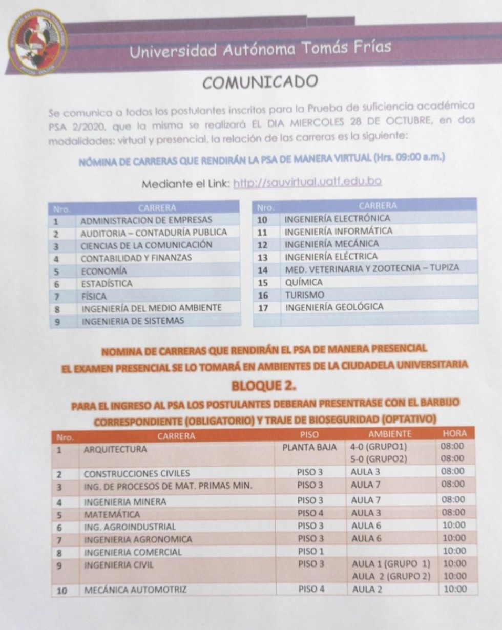 Vea las modalidades y ambientes para el examen de ingreso a la UATF