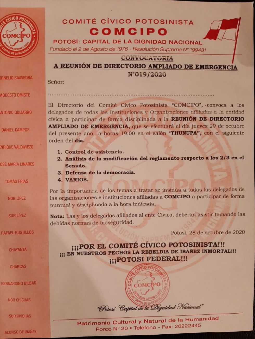Comcipo convoca a reunión de directorio ampliado de emergencia para hoy