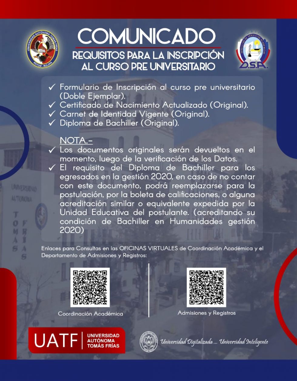 La UATF amplía hasta el 30 de diciembre plazo para inscripción a los preuniversitarios