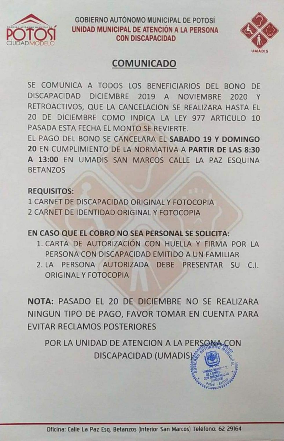 Bono de Discapacidad se cancelará solo hasta mañana en Potosí