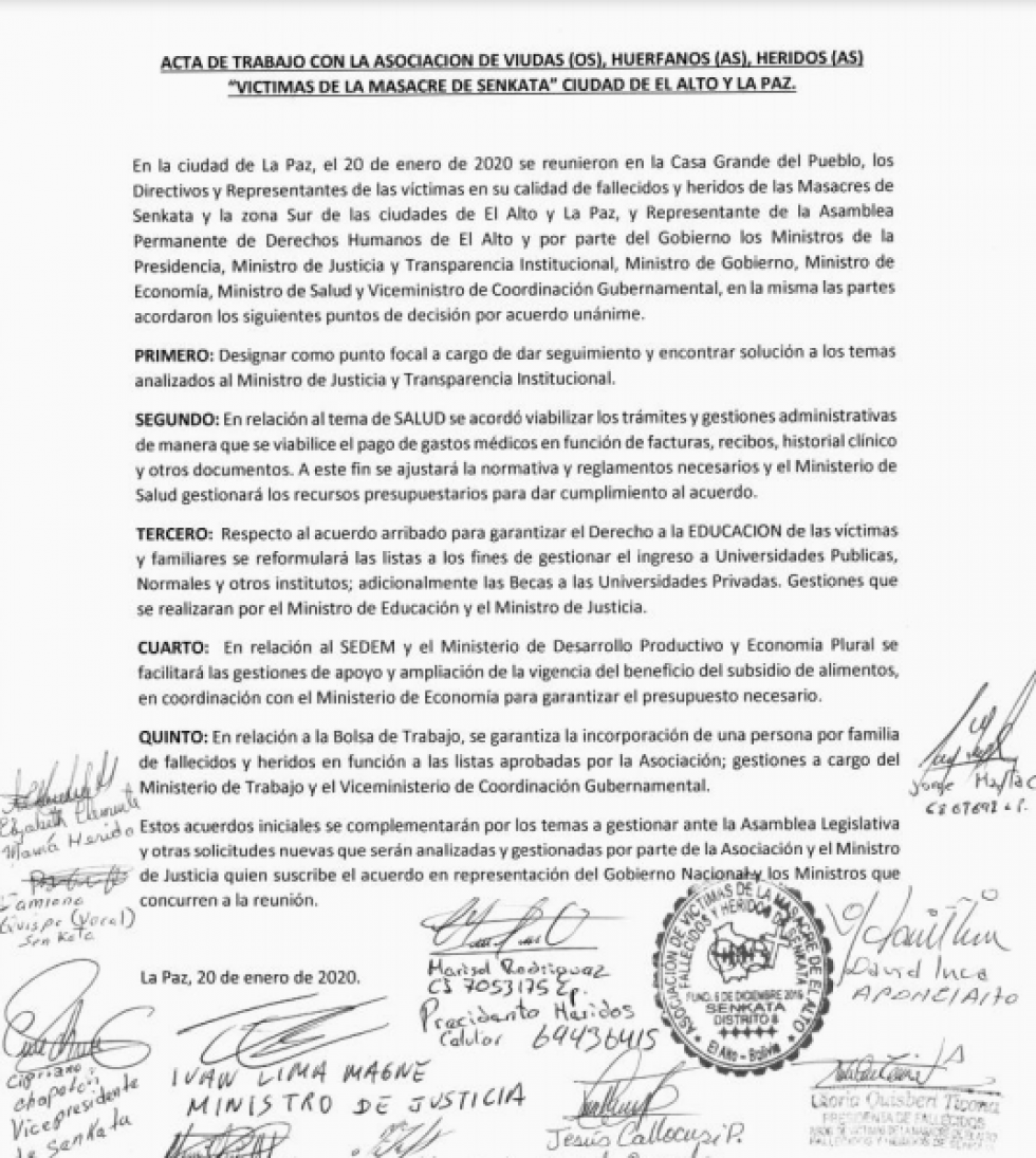 Gobierno logra acuerdo con familiares de víctimas de Senkata y Pedregal
