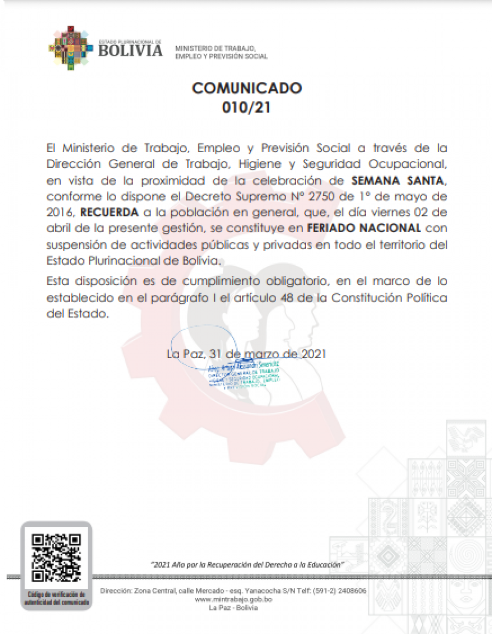 El Ministerio de Trabajo ratifica que el viernes es feriado nacional