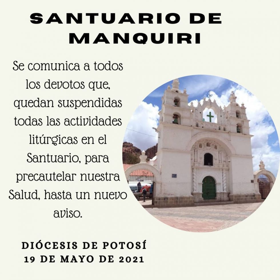 Diócesis de Potosí suspende actividades litúrgicas en el Santuario de Manquiri