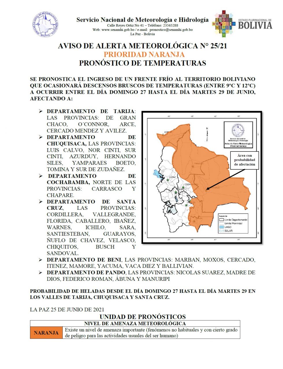Senamhi pronostica descenso de temperaturas en seis departamentos