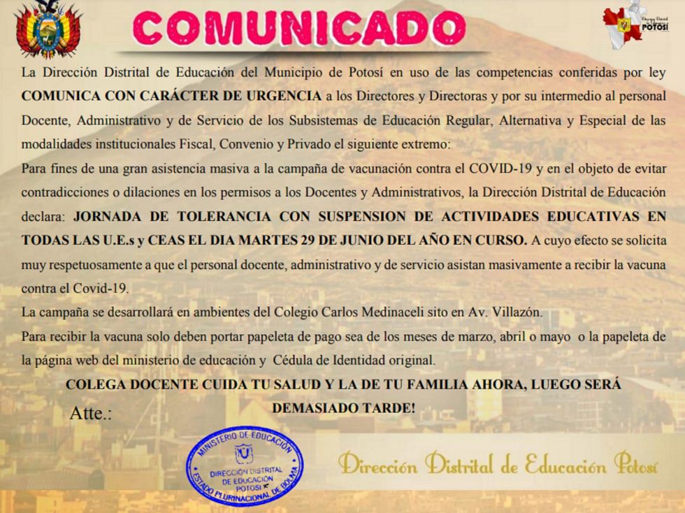 Este martes no hay actividades escolares en todas las escuelas del municipio de Potosí