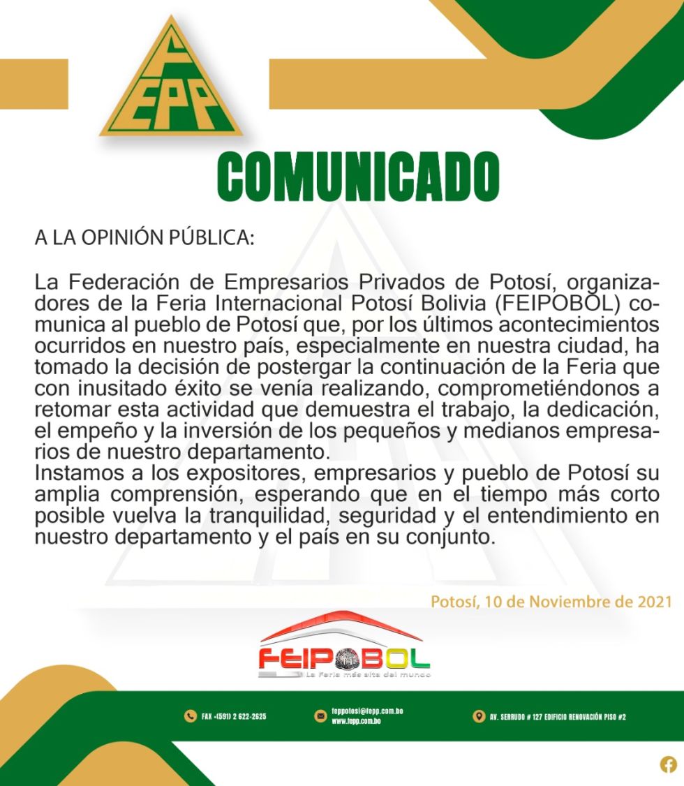 Empresariado privado suspende la Feipobol