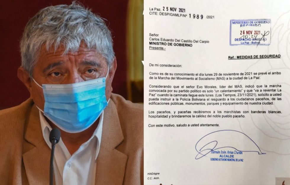 Arias pide al Ministro de Gobierno resguardo para la ciudad de La Paz ante marcha liderada por Evo Morales
