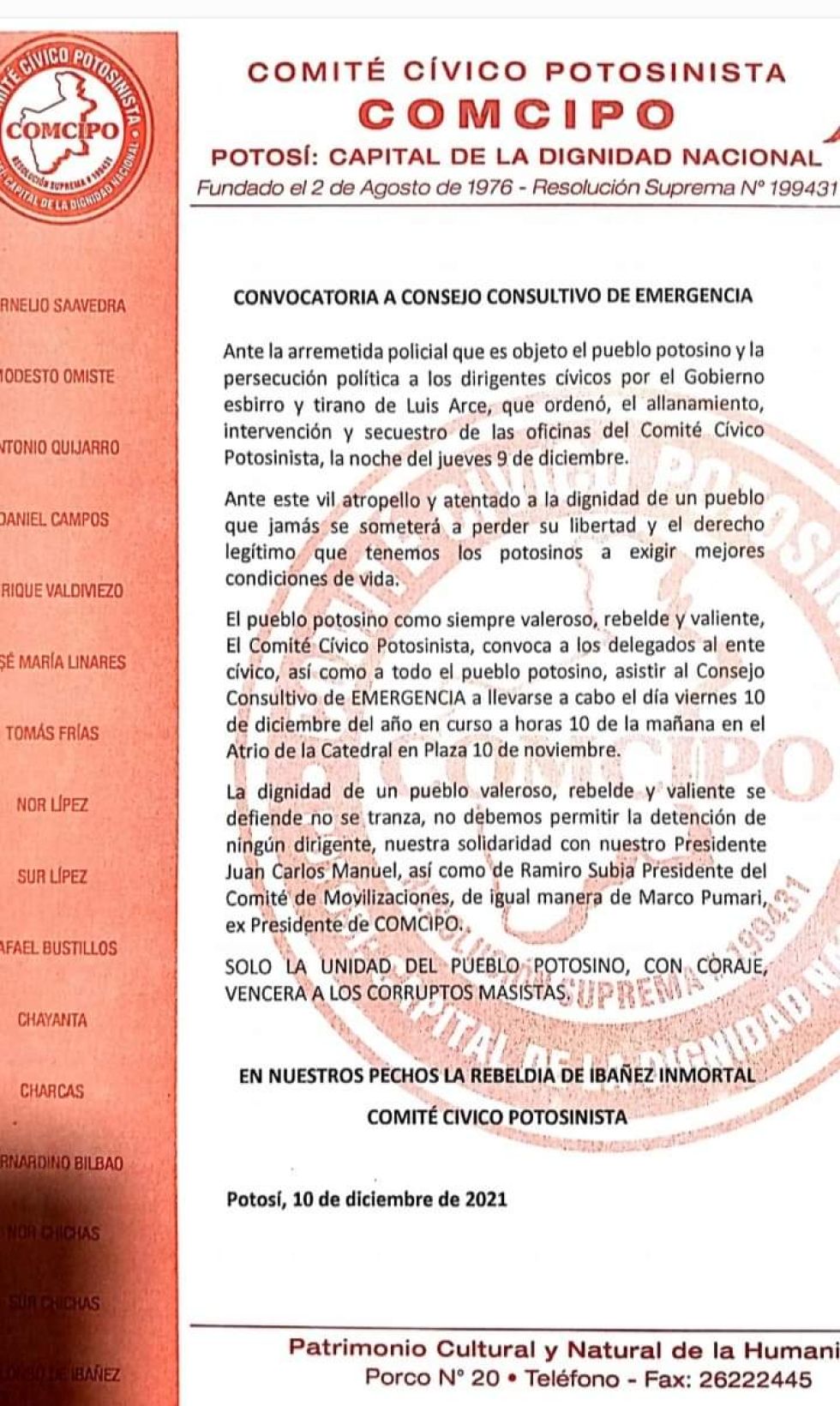 Comcipo convoca a consejo consultivo de emergencia