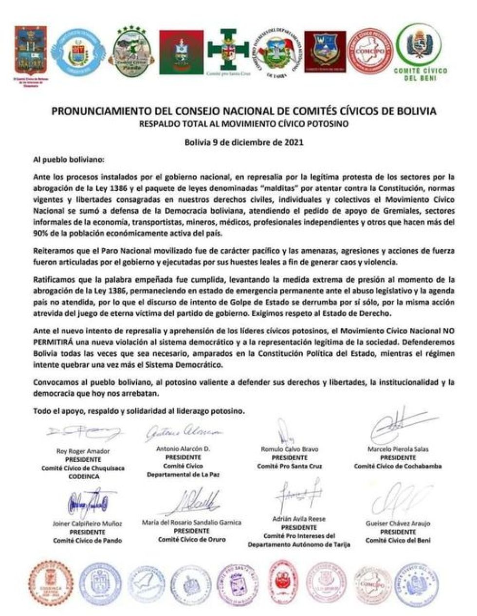 Cívicos de los restantes ocho Departamentos expresan solidaridad con Potosí