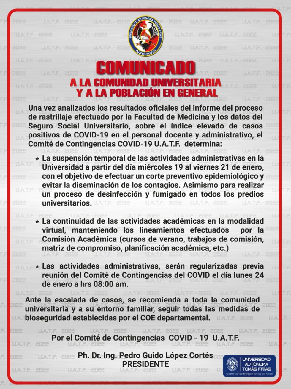 UATF suspende actividades para evitar más contagios de coronavirus 