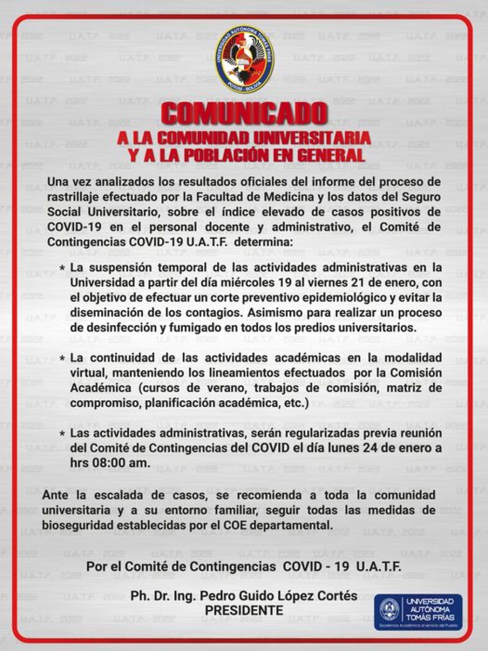 UATF se reúne para analizar su situación epidemiológica
