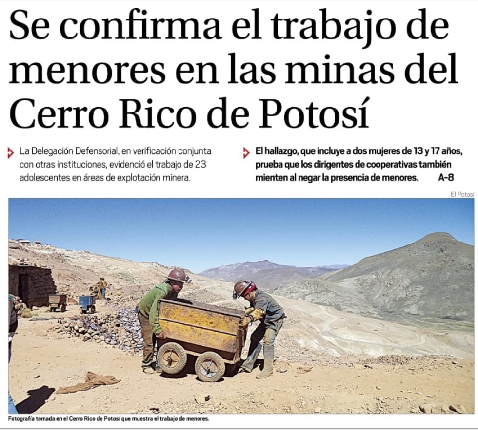 Defensoría detecta trabajo de menores en minas del Cerro Rico de Potosí