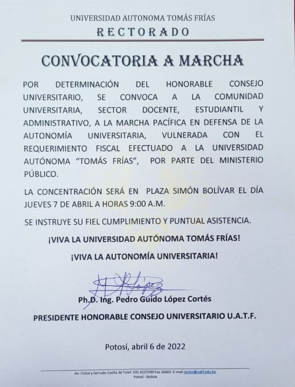 UATF marcha exigiendo respeto a la autonomía tras notas de la Fiscalía