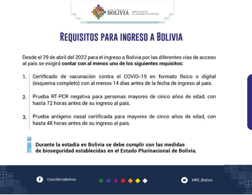 Cancillería del Estado fija requisitos anticovid para ingresar a Bolivia