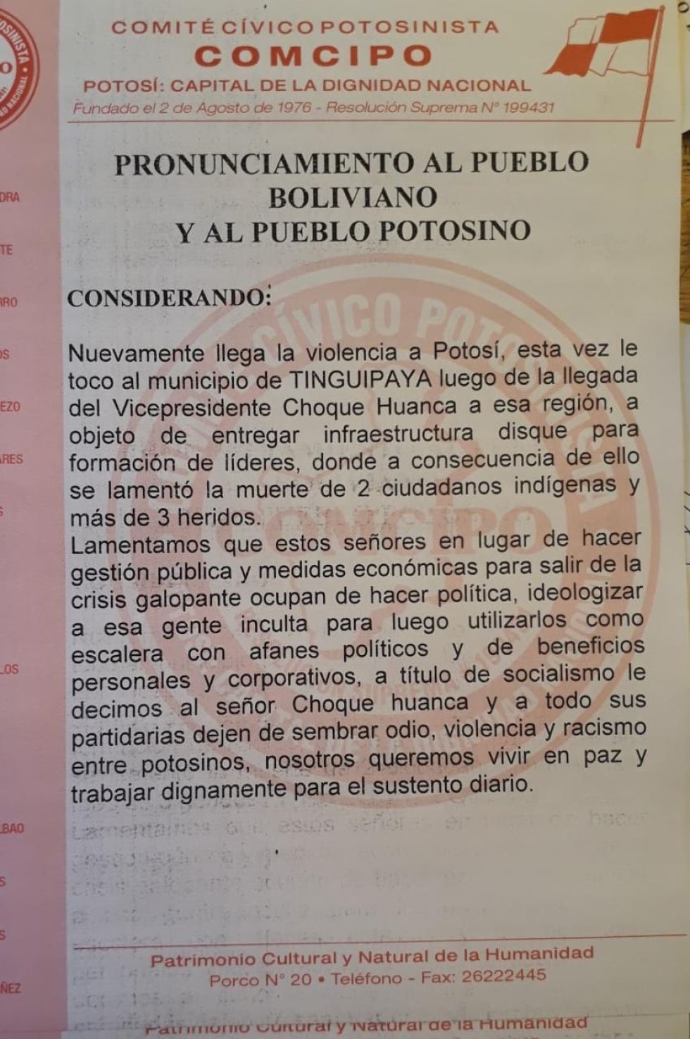 Comcipo le pide al Vice no sembrar "violencia"