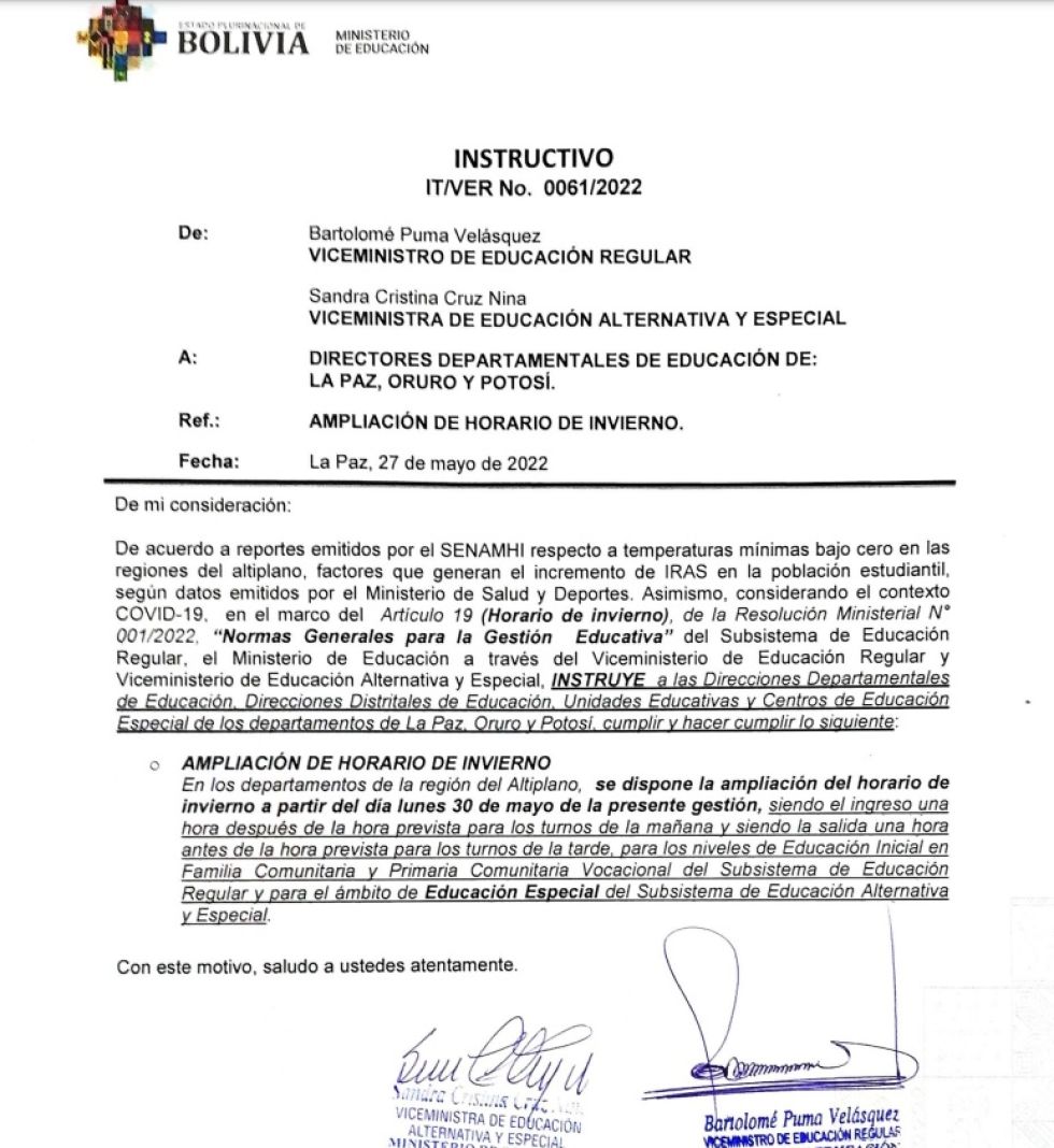Dirección distrital de Potosí confirma ampliación del horario de invierno para inicial y primaria