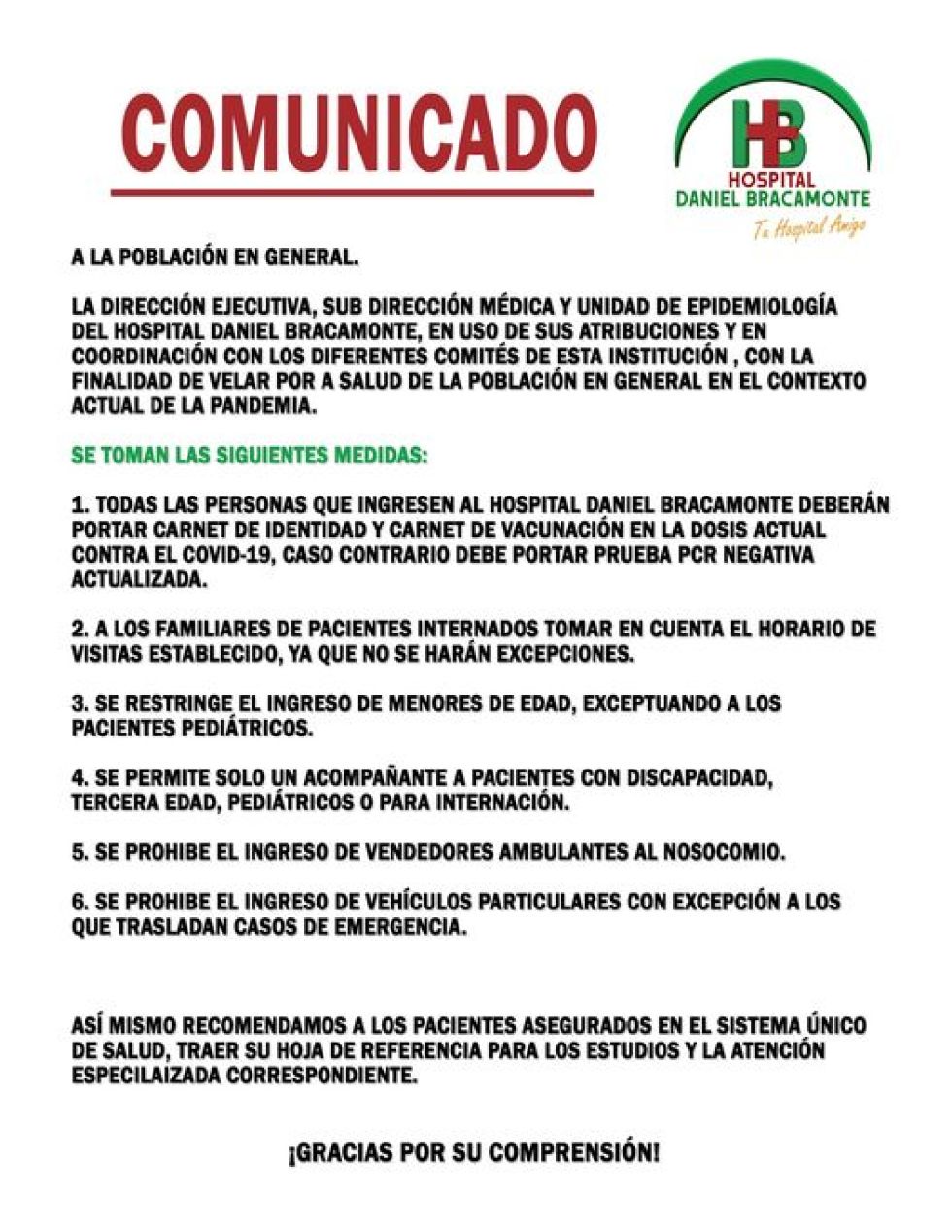 Hospital Bracamonte aplica medidas ante la quinta ola de covid-19
