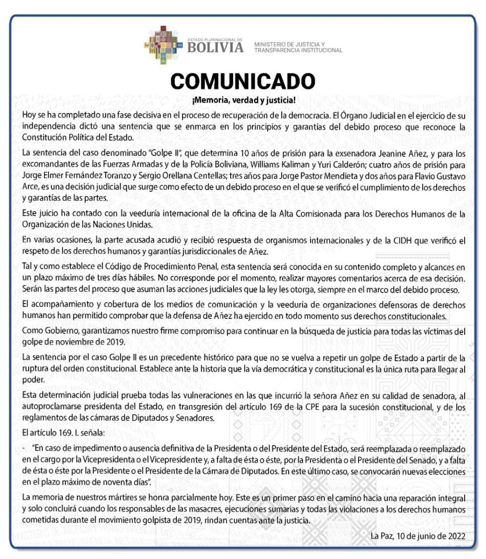 Ministerio de Justicia califica fallo contra Áñez como “precedente histórico”