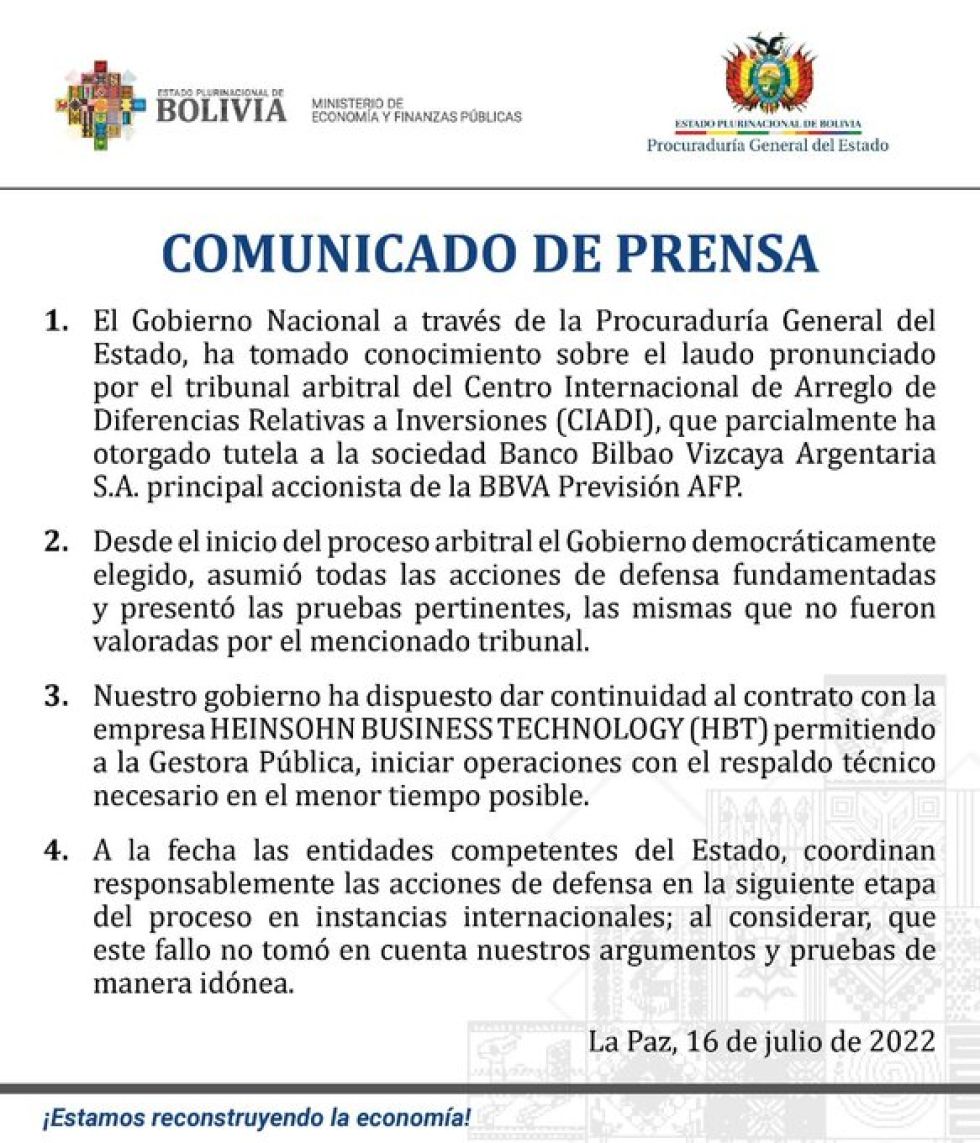 Gobierno dice que CIADI no valoró sus pruebas de manera idónea en el litigio con el BBVA