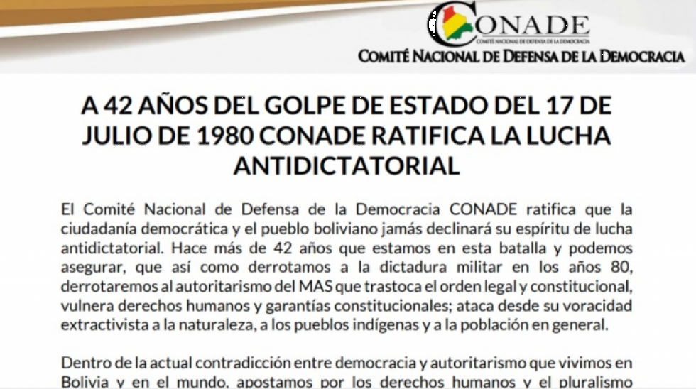 Conade convoca a las movilizaciones del 21 de julio en contra del "autoritarismo" del MAS