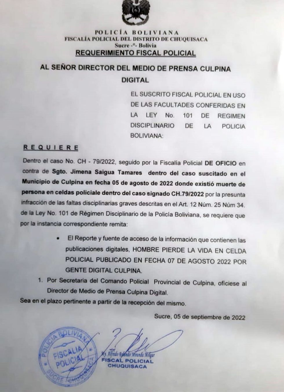 Mediante requerimiento fiscal, la Policía exige a periodista de Culpina revelar la fuente de una información
