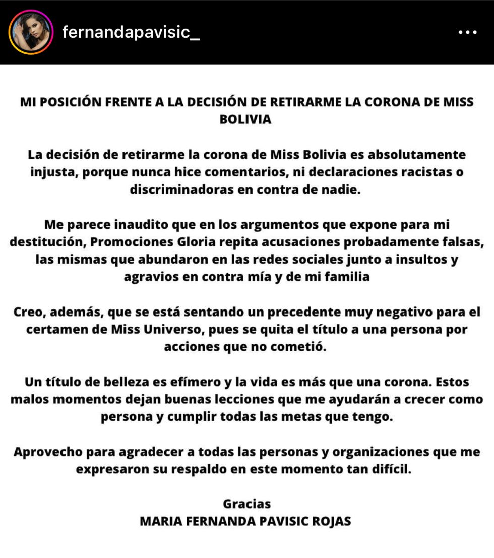 Fernanda Pavisic perdió el título de Miss Bolivia tras polémica por sus declaraciones 
