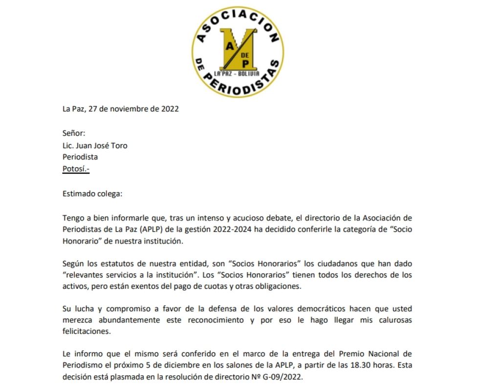 Director de El Potosí es nombrado socio de honor de la Asociación de Periodistas de La Paz