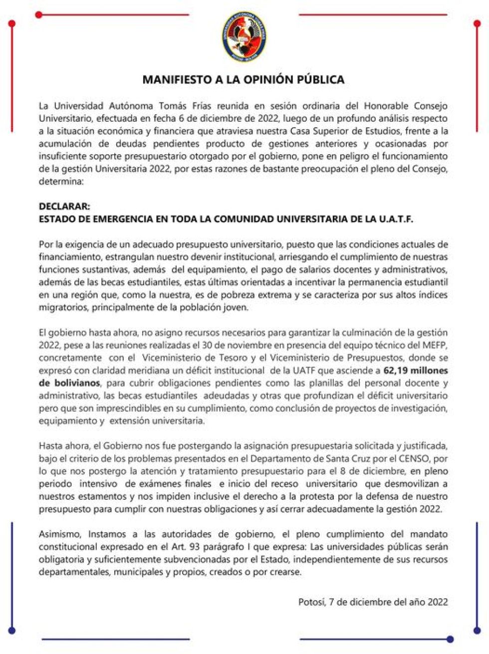 UATF se declara en emergencia ante déficit de Bs 62 millones