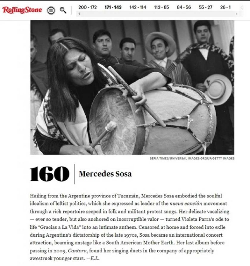 Mercedes Sosa está la lista de los 200 mejores de todos los tiempos 