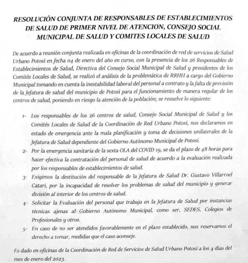 Centros de Salud declaran emergencia, piden que la Alcaldía contrate personal