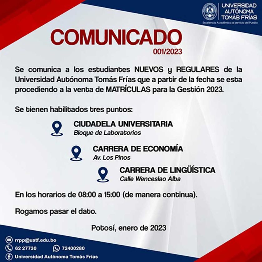 UATF realiza la venta de matrículas a alumnos nuevos y regulares