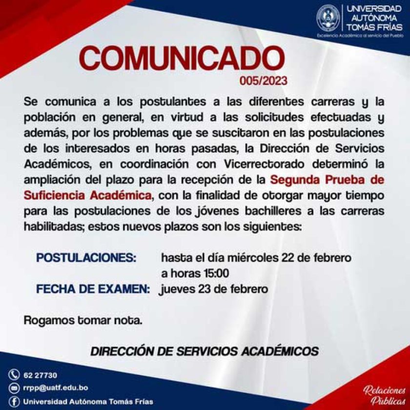 UATF amplía plazo para postular a 2º Prueba de Suficiencia Académica