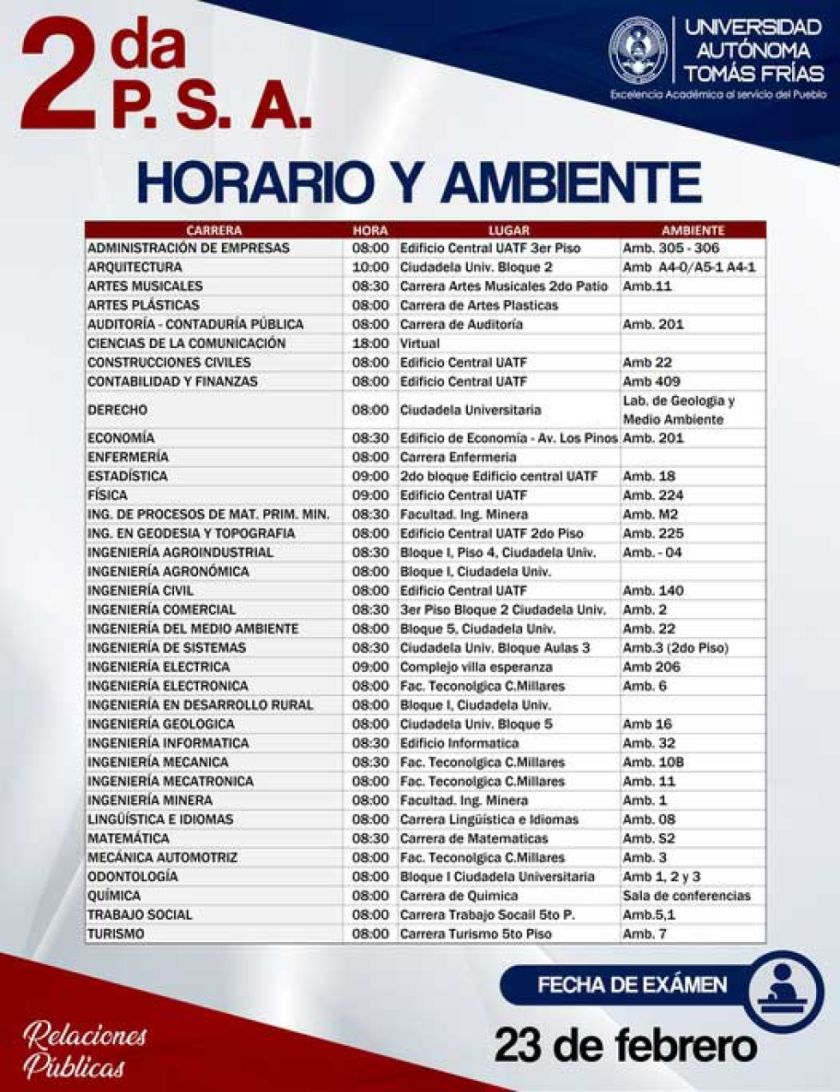 UATF aplica hoy segunda Prueba de Suficiencia Académica a bachilleres