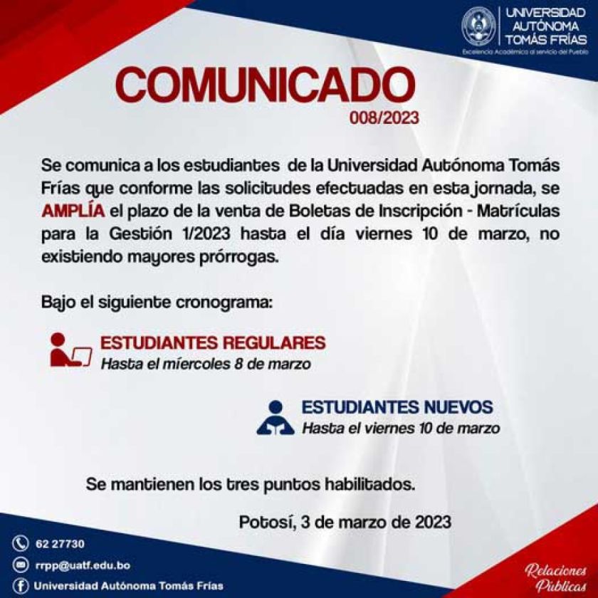 Amplían nuevamente plazo para la matriculación en la UATF en Potosí