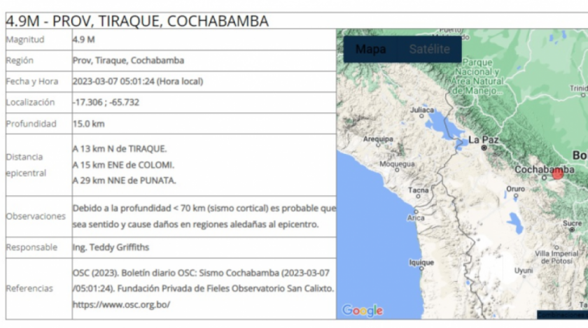 Sismo de magnitud 4.9 fue sentido en la provincia Tiraque de Cochabamba