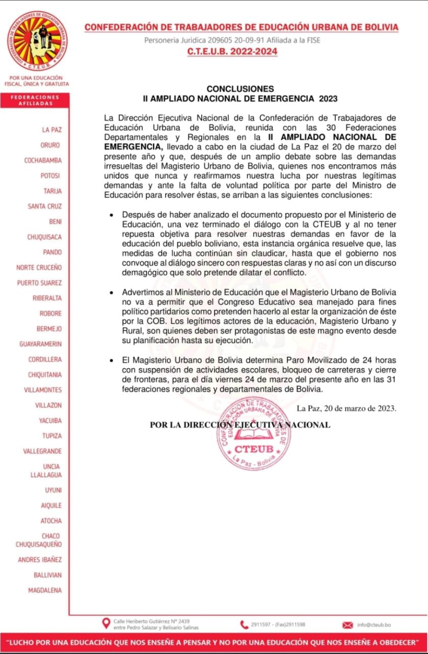 El magisterio urbano del país decreta paro de actividades el 24 de marzo 