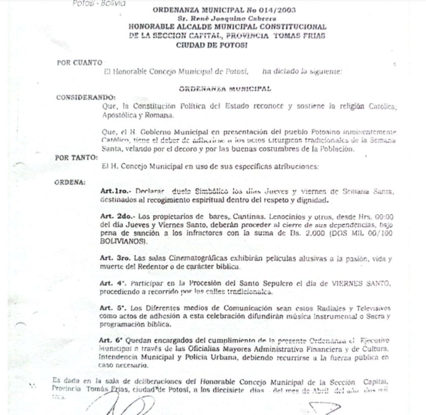 Ordenanza prohíbe consumo de bebidas alcohólica por jueves y viernes santo en Potosí
