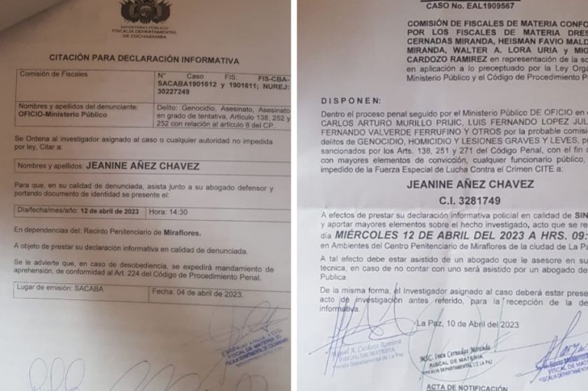 Fiscalía fija para este miércoles la toma de declaraciones a Añez por los casos Senkata y Sacaba