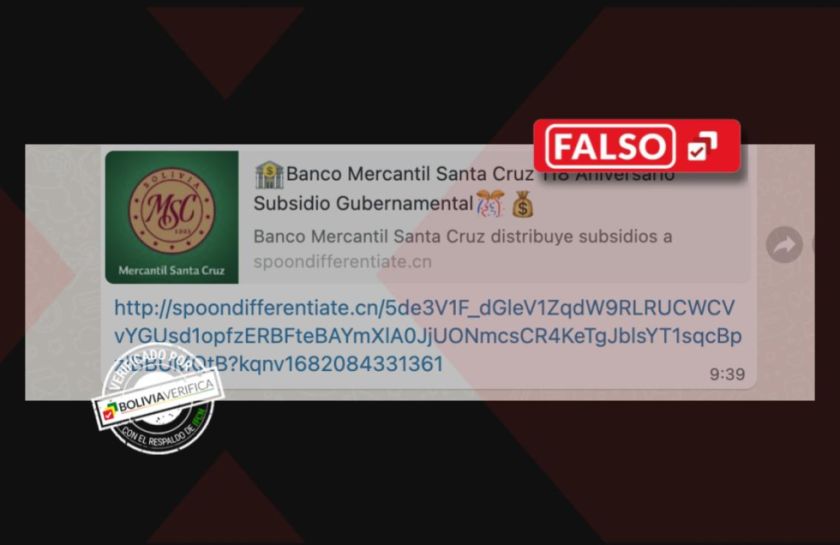 VERIFICACIÓN: El banco Mercantil Santa Cruz S.A no está regalando Bs 2000 por su aniversario