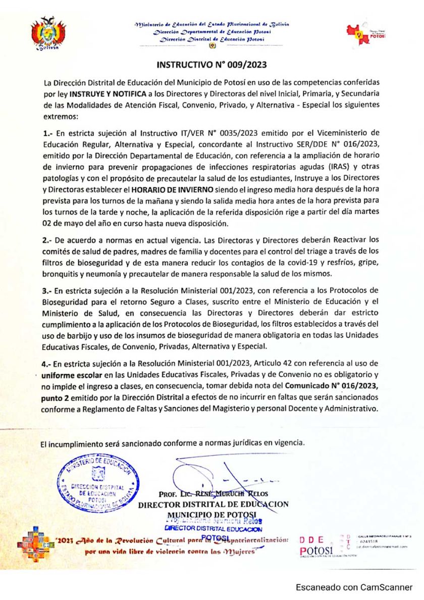 Horario de invierno escolar regirá desde este 2 de mayo en Potosí