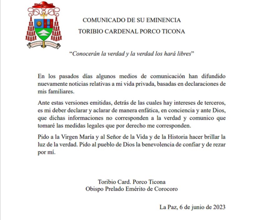 Sobre supuesta acta matrimonial: Cardenal de Bolivia rechaza versiones y anuncia acciones