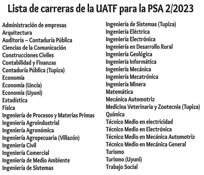 UATF oferta 40 carreras para el examen de ingreso el 30 de junio 