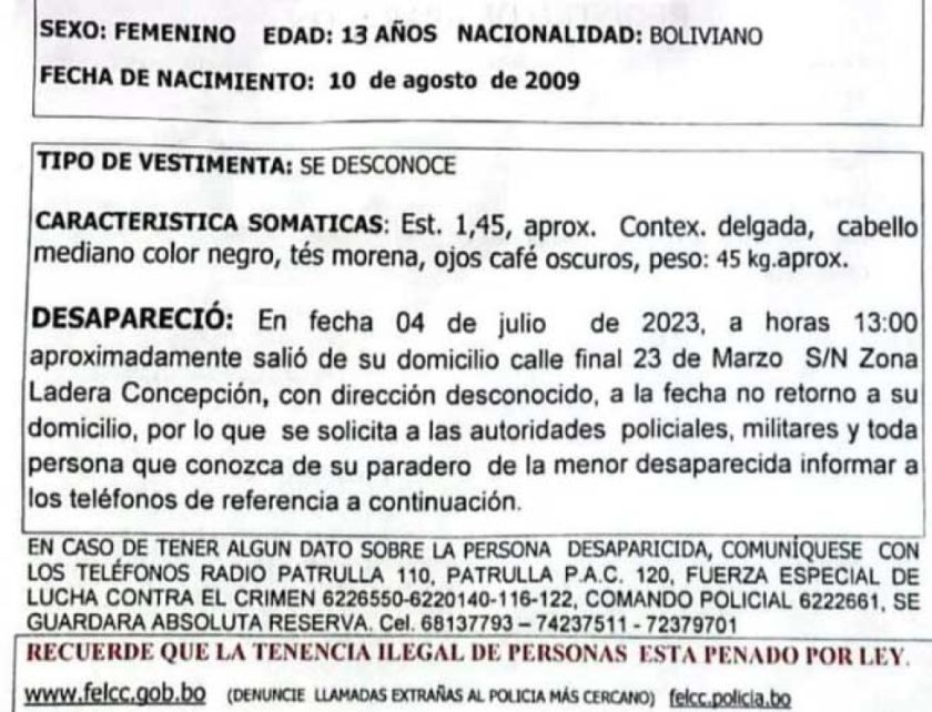 Policía busca a una menor de 13 años desaparecida