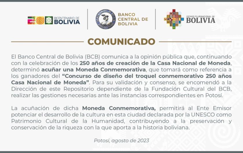 BCB acuñará monedas conmemorativas al 250 aniversario de la Casa de Moneda